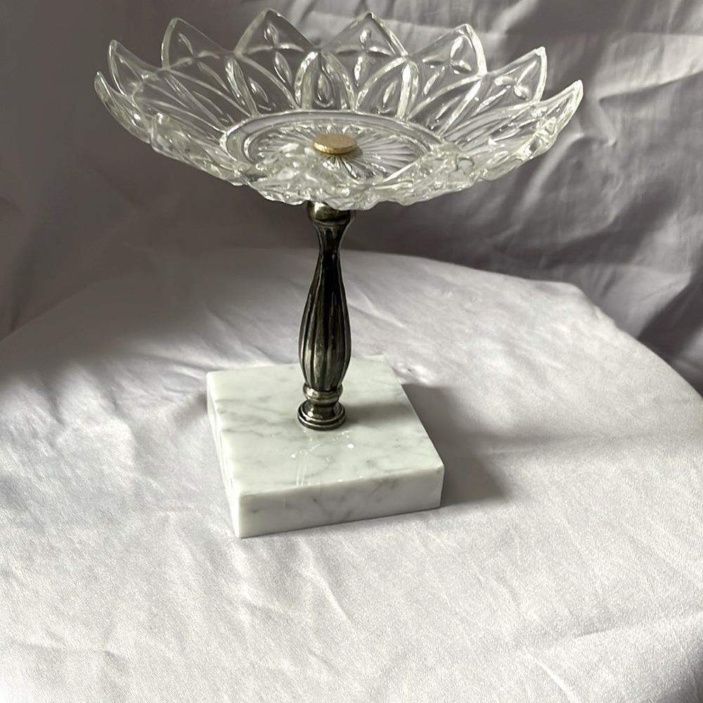 Crystal Cut Glass Dish Marble Pedestal Made In Italy Vintage